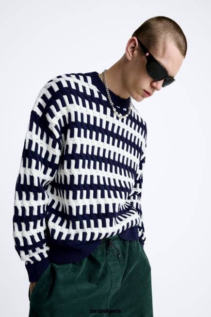 Zara облекло 66FT1028 мъже текстуриран жакардов пуловер тъмносин
