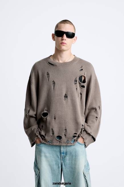 Zara облекло 66FT1029 мъже текстуриран скъсан пуловер камък