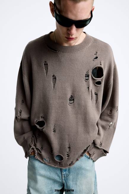 Zara облекло 66FT1029 мъже текстуриран скъсан пуловер камък