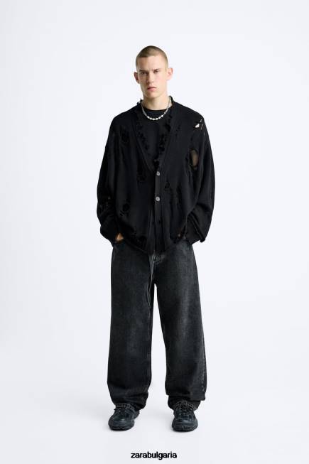 Zara облекло 66FT1030 мъже разкъсана структурирана жилетка черен