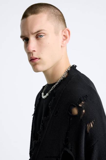 Zara облекло 66FT1030 мъже разкъсана структурирана жилетка черен