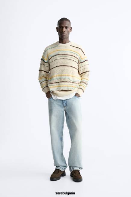 Zara облекло 66FT1031 мъже текстуриран раиран пуловер екрю