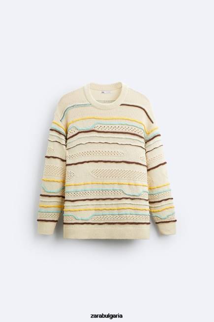 Zara облекло 66FT1031 мъже текстуриран раиран пуловер екрю