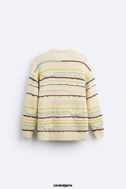 Zara облекло 66FT1031 мъже текстуриран раиран пуловер екрю