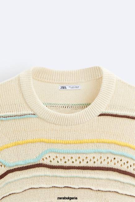 Zara облекло 66FT1031 мъже текстуриран раиран пуловер екрю