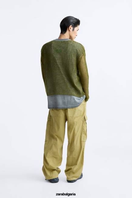 Zara облекло 66FT1035 мъже пуловер с мрежеста текстура зелено