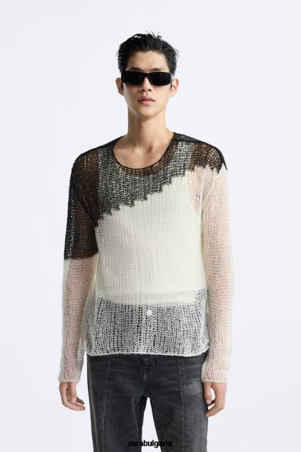 Zara облекло 66FT1036 мъже структуриран пуловер с падащ бод черен