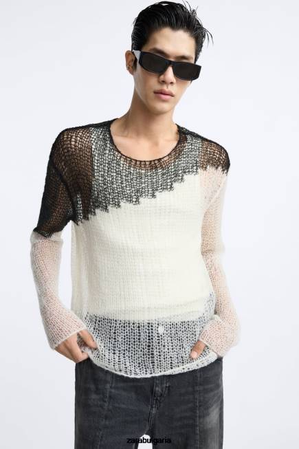 Zara облекло 66FT1036 мъже структуриран пуловер с падащ бод черен