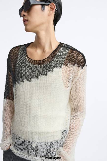 Zara облекло 66FT1036 мъже структуриран пуловер с падащ бод черен