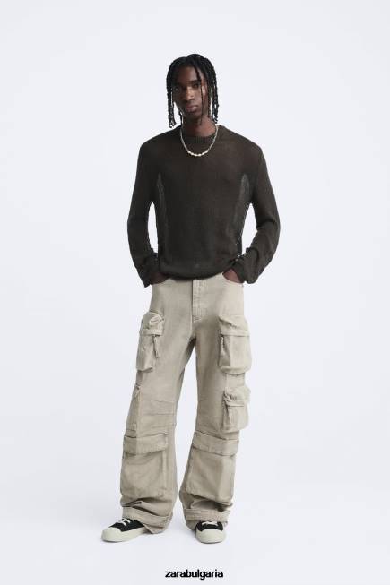 Zara облекло 66FT1037 мъже пуловер с отворена текстура тъмно каки