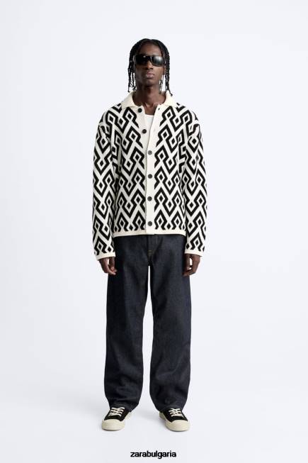 Zara облекло 66FT1046 мъже плетена жилетка с геометричен жакард екрю