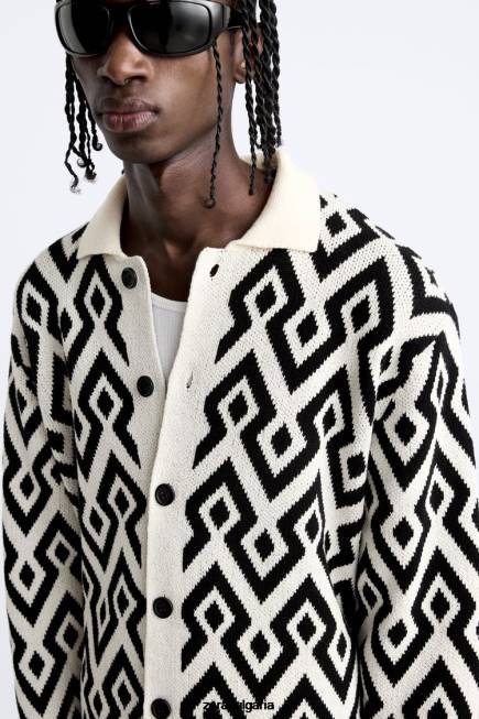 Zara облекло 66FT1046 мъже плетена жилетка с геометричен жакард екрю