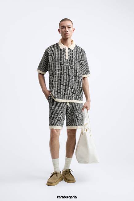 Zara облекло 66FT1225 мъже жакардов поло пуловер с геометрична плетка екрю