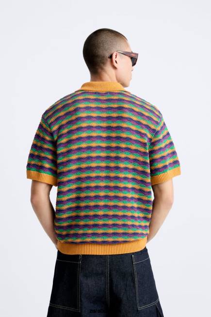 Zara облекло 66FT1226 мъже плетено поло с геометрична текстура тъмносин