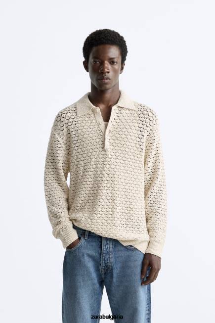 Zara облекло 66FT1234 мъже текстурирано плетено поло екрю