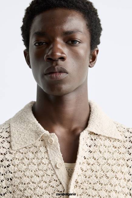 Zara облекло 66FT1234 мъже текстурирано плетено поло екрю