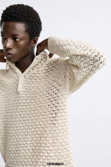 Zara облекло 66FT1234 мъже текстурирано плетено поло екрю