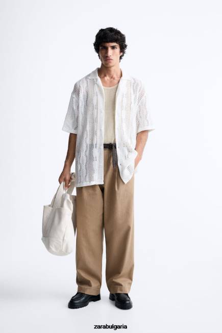 Zara облекло 66FT1005 мъже плетена на една кука текстурирана риза екрю