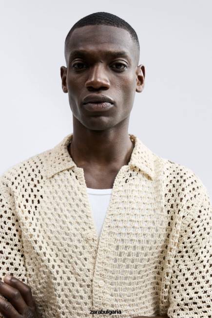 Zara облекло 66FT1010 мъже плетена на една кука текстурирана риза бяло