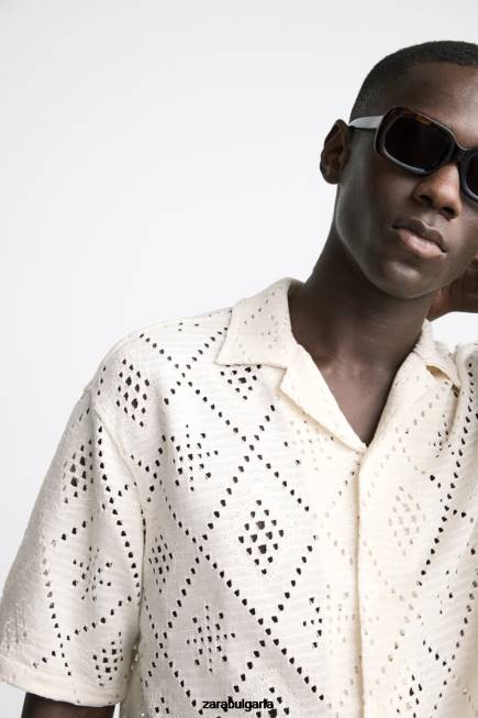 Zara облекло 66FT1012 мъже плетена на една кука текстурирана риза бяла стрида