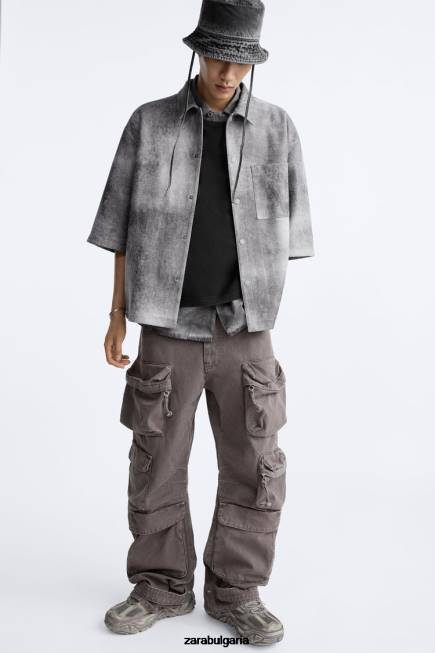 Zara облекло 66FT1169 мъже изпрана тениска от изкуствен велур антрацитно сиво