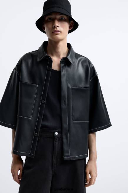 Zara облекло 66FT1181 мъже тениска от изкуствена кожа черен