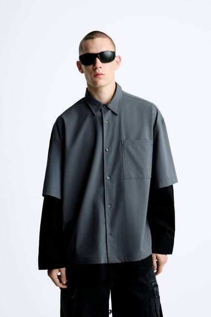 Zara облекло 66FT974 мъже риза с многослойни ръкави антрацитно сиво