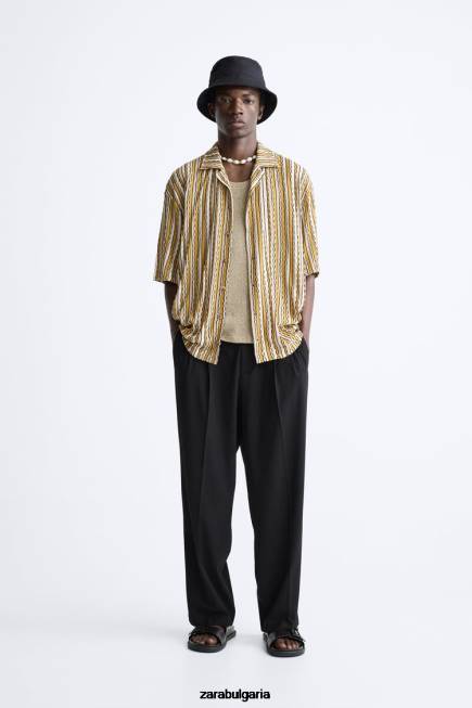 Zara облекло 66FT989 мъже раирана жакардова риза екрю/жълто