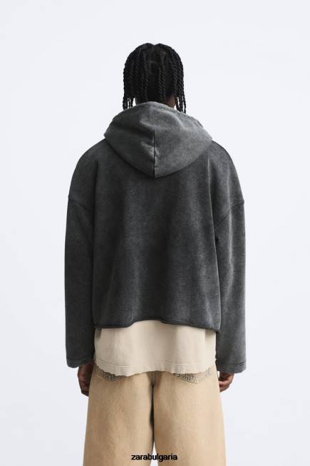Zara облекло 66FT1051 мъже суичър с качулка в квадратна форма тъмно сиво