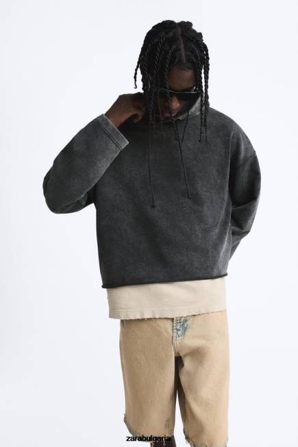 Zara облекло 66FT1051 мъже суичър с качулка в квадратна форма тъмно сиво