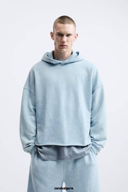 Zara облекло 66FT1054 мъже изпран суичър с качулка синьо/бяло