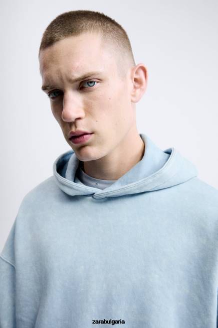 Zara облекло 66FT1054 мъже изпран суичър с качулка синьо/бяло