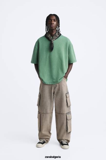 Zara облекло 66FT1057 мъже суичър с контрастен текст зелено