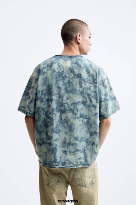 Zara облекло 66FT1064 мъже дънкова тениска с абстрактен принт аквамарин