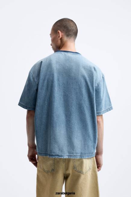 Zara облекло 66FT1065 мъже ретро измита дънкова тениска син
