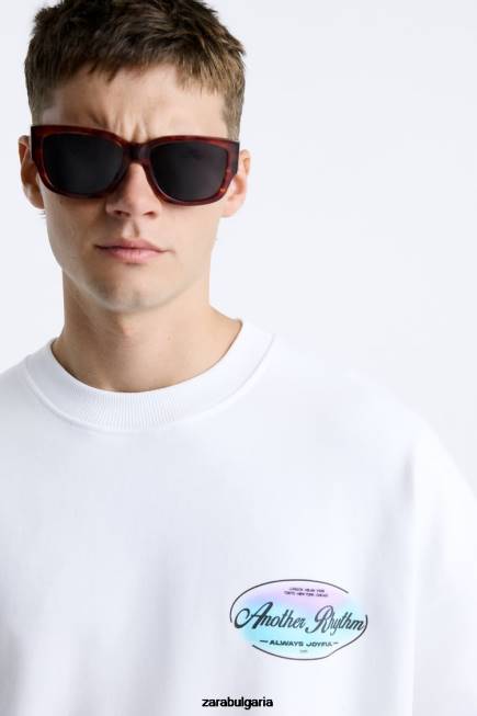 Zara облекло 66FT1068 мъже суичър с контрастен принт бяло