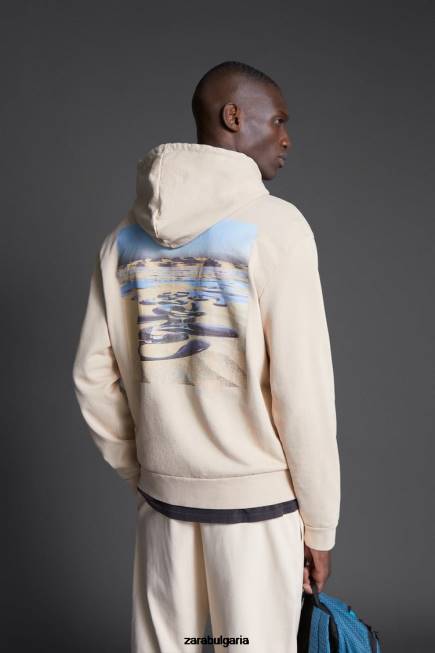 Zara облекло 66FT1077 мъже суичър с качулка с принт на hatthanan екрю