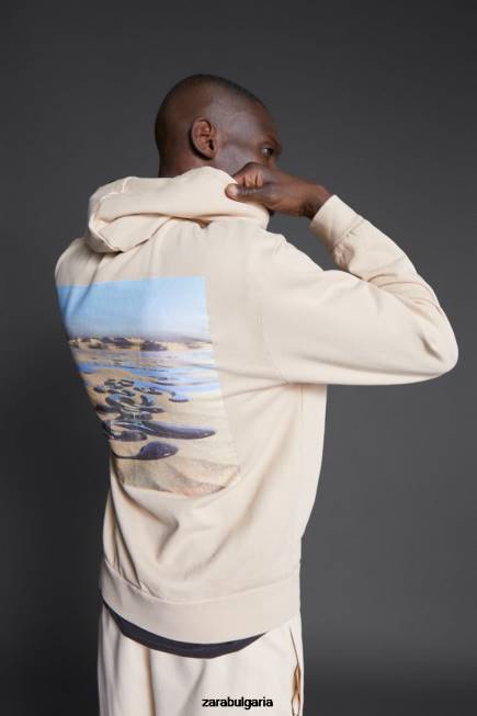 Zara облекло 66FT1077 мъже суичър с качулка с принт на hatthanan екрю