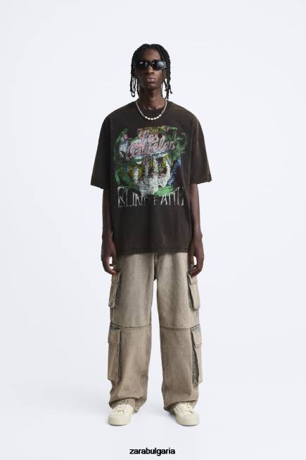 Zara облекло 66FT1206 мъже изпрана тениска с щампи кафяво