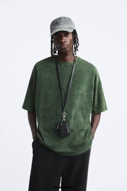 Zara облекло 66FT1207 мъже тениска с щампа с киселинно измиване измито зелено