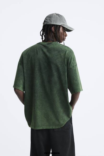Zara облекло 66FT1207 мъже тениска с щампа с киселинно измиване измито зелено
