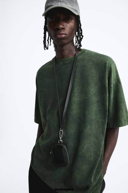 Zara облекло 66FT1207 мъже тениска с щампа с киселинно измиване измито зелено
