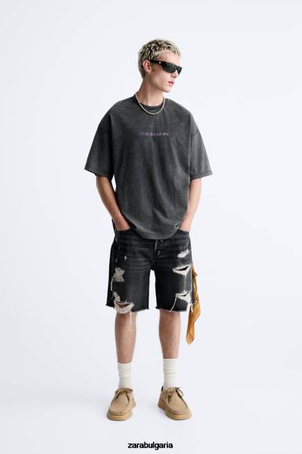 Zara облекло 66FT1214 мъже тениска с текст за киселинно измиване избеляло черно