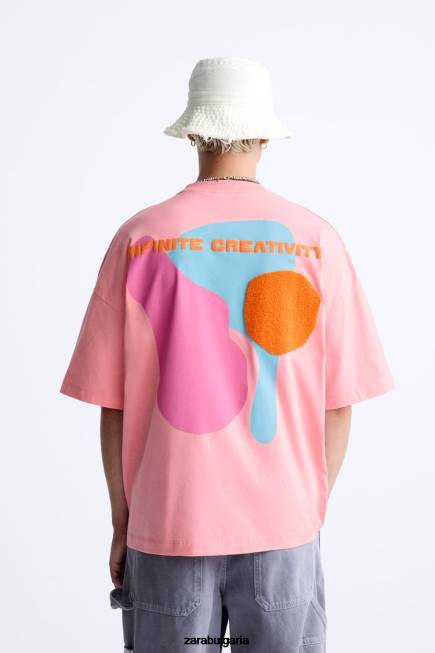 Zara облекло 66FT1216 мъже тениска с комбиниран текст розово