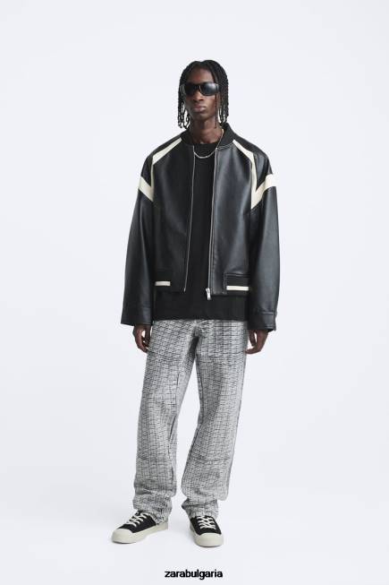 Zara облекло 66FT1110 мъже контрастно бомбър яке от изкуствена кожа черен