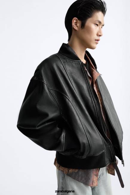 Zara облекло 66FT1114 мъже ретро кожено яке черен