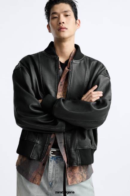 Zara облекло 66FT1114 мъже ретро кожено яке черен