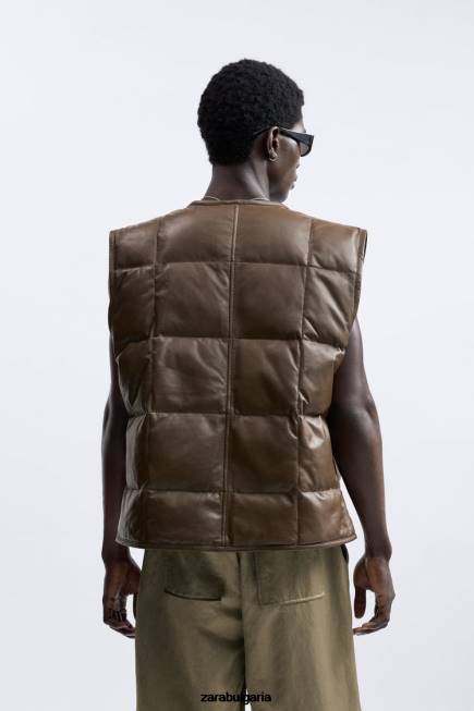 Zara облекло 66FT1127 мъже лимитирана серия кожена пухкава жилетка кафяво/сива