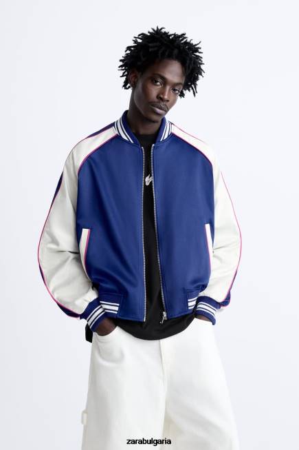 Zara облекло 66FT1131 мъже яке с бродиран текст със сатенен ефект синкав